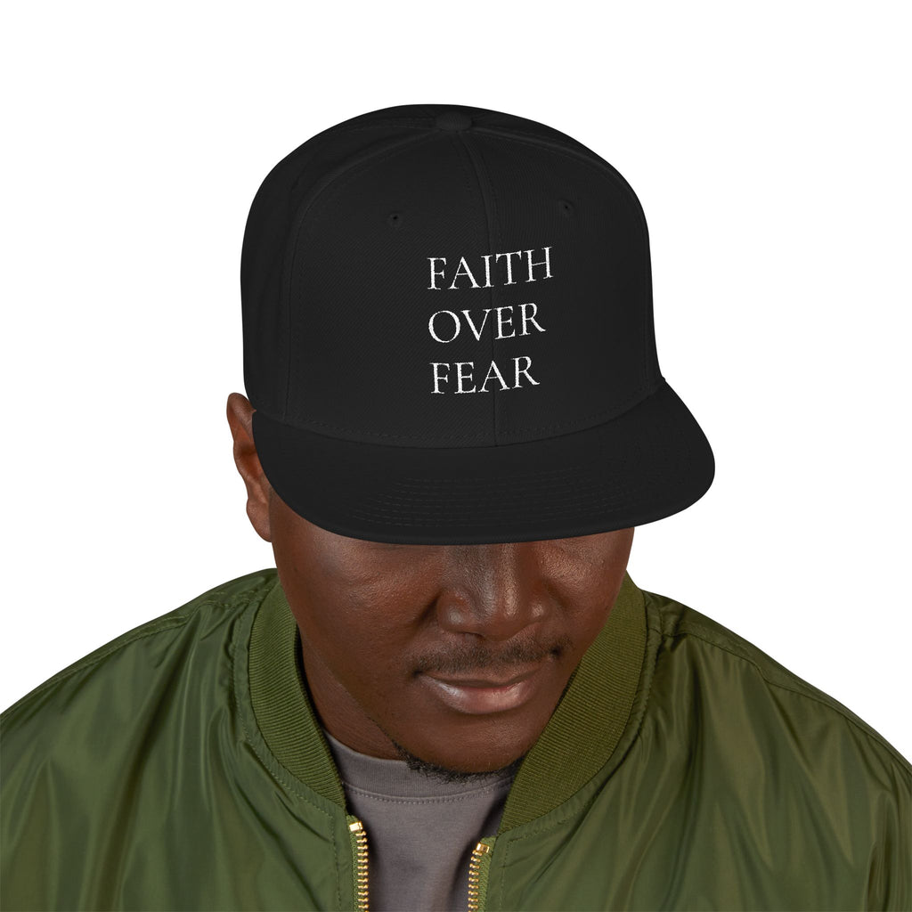 Embroidered Snapback Hat — 'FAITH OVER FEAR' Gothic Cross-Stitch Design