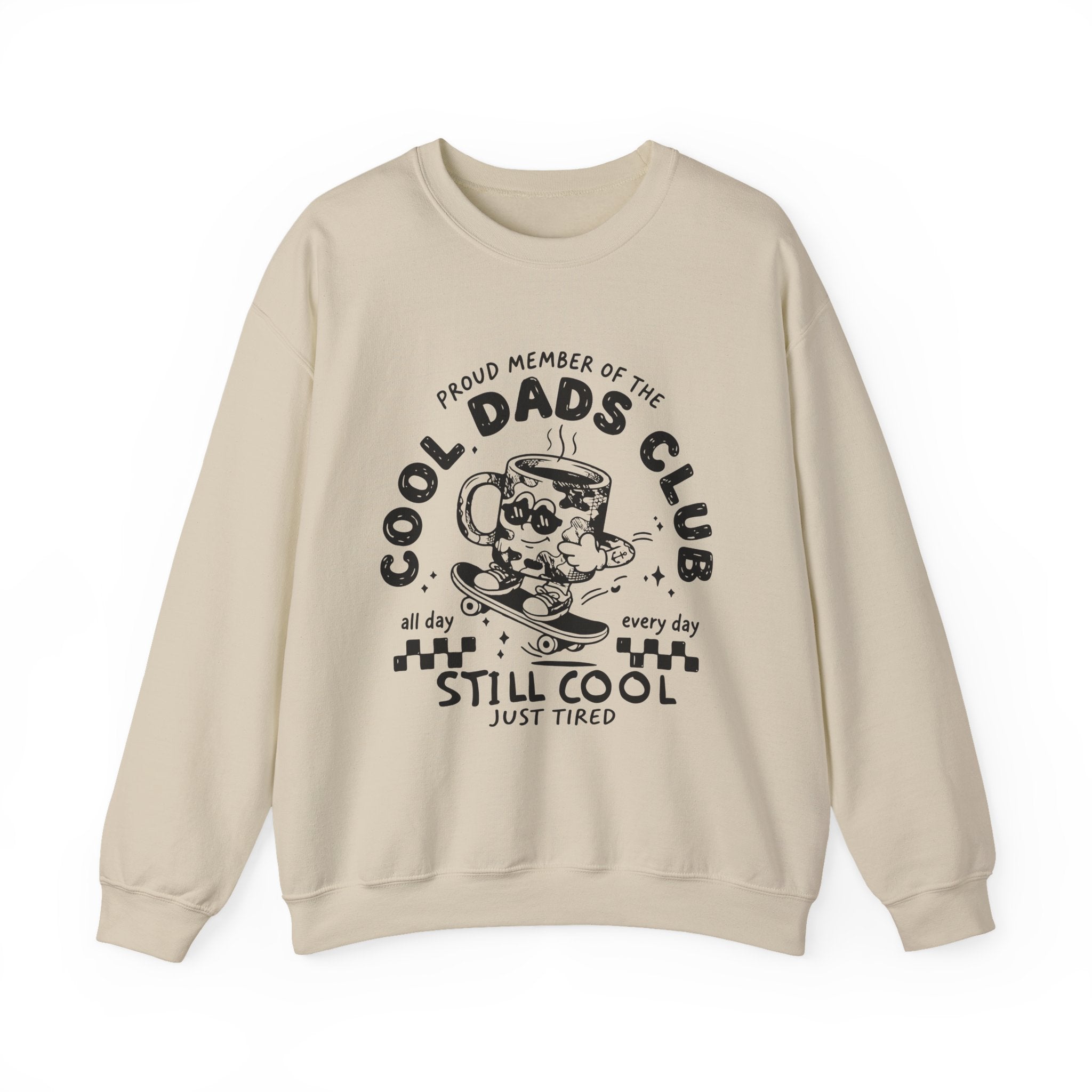 Dad Crewneck Sweatshirt — "Cool Dads Club: Still Cool, Just Tired" Vintage Coffee Skate Design