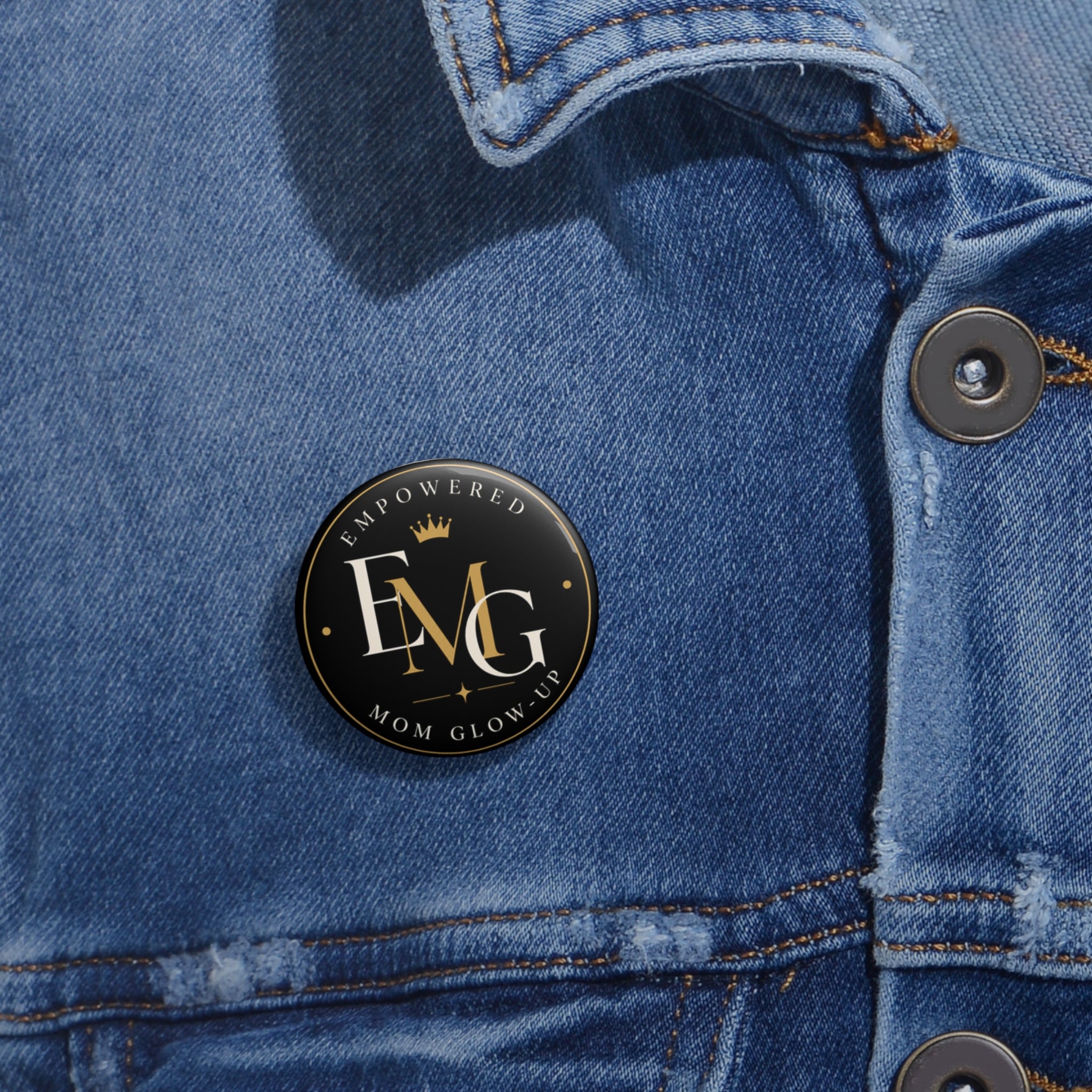 Mom Glow-Up EMG Pin Button — Empowered Mom Lapel Pin, Black & Gold Accessories for Mother’s Day