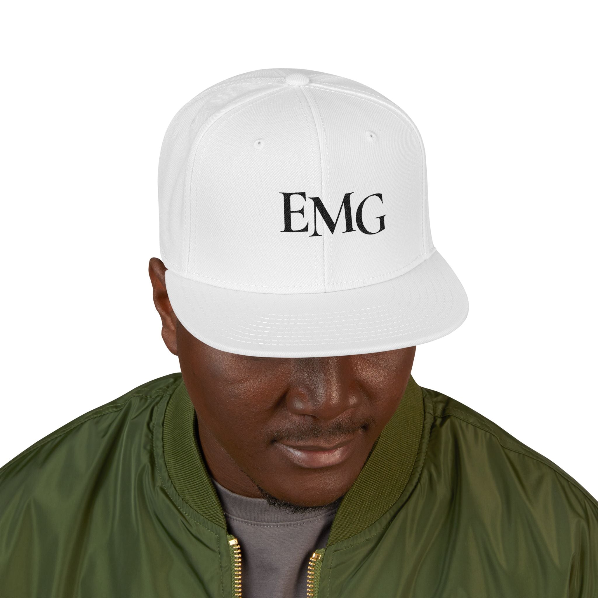 Embroidered EMG Snapback Hat — Classic White Flat-Brim Cap