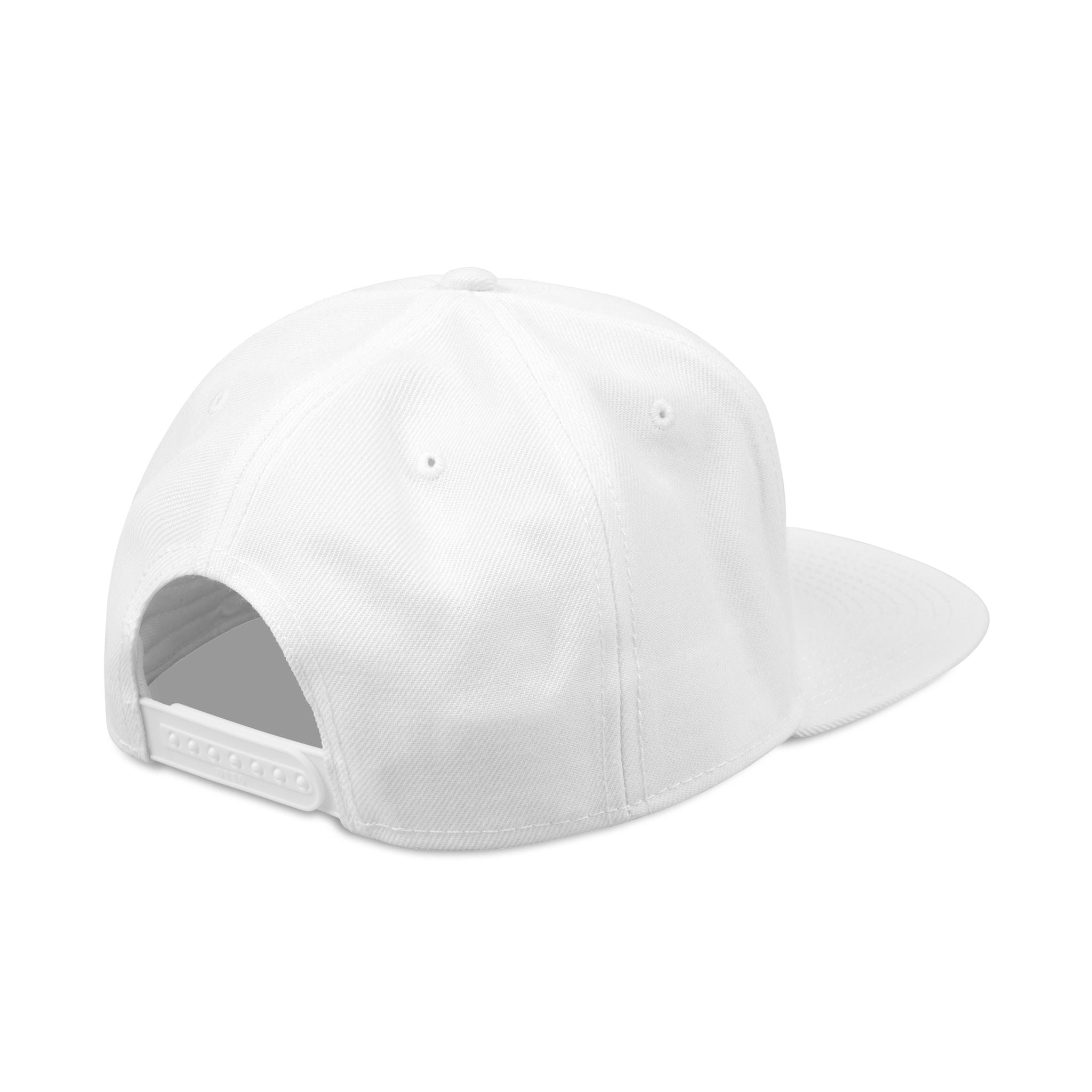 Embroidered EMG Snapback Hat — Classic White Flat-Brim Cap